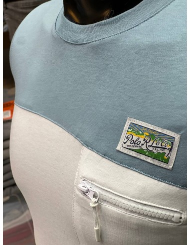 Pull Polo Ralph Lauren bleu ciel avec bande blanche demi-manches l Élégance décontractée